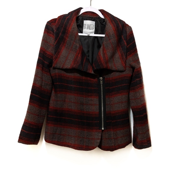 BB Dakota Jackets & Blazers - BB Dakota Red Black Plaid Wool Blend Moto Jacket L